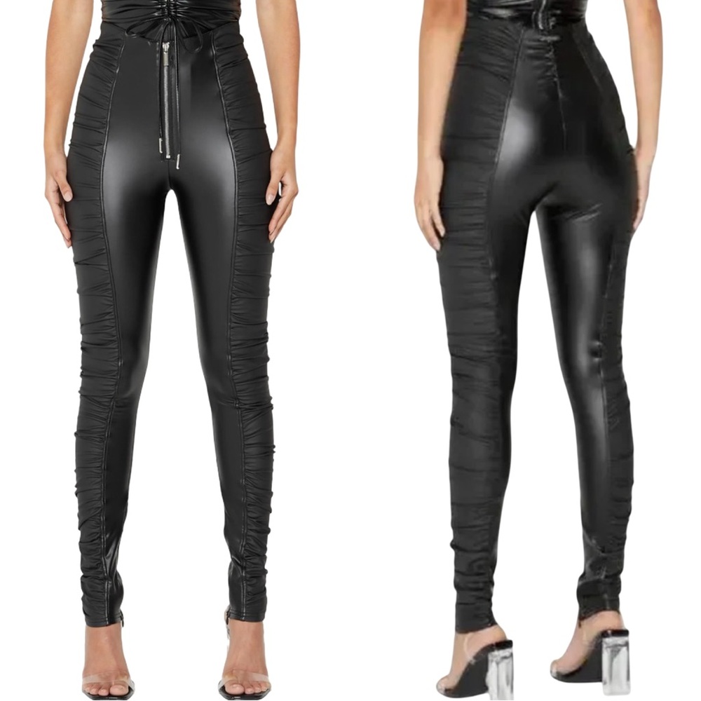 NWT!! Maniere de Voir Vegan Leather Side Ruched Leggings High Waist Black Sz 10